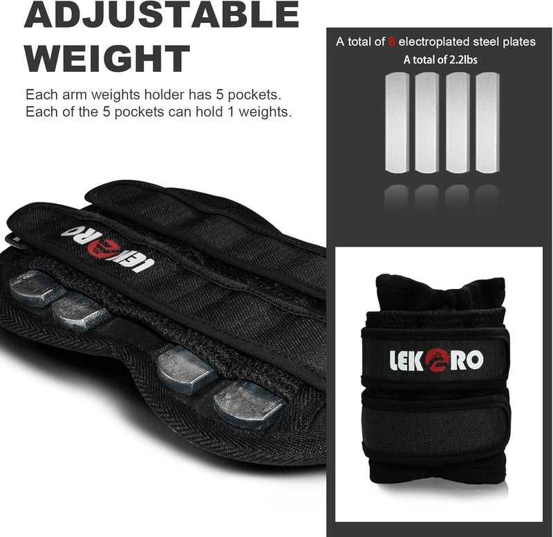 LEKÄRO Adjustable Ankle Weights & Wrist Weights for Women Men, 1 Pair Removable Weighted Plate Arm Leg Weights for Walking, Running, Pilates (2.2lb/4.4lb/6.6lb/11lb/22lb Total) - Image 4